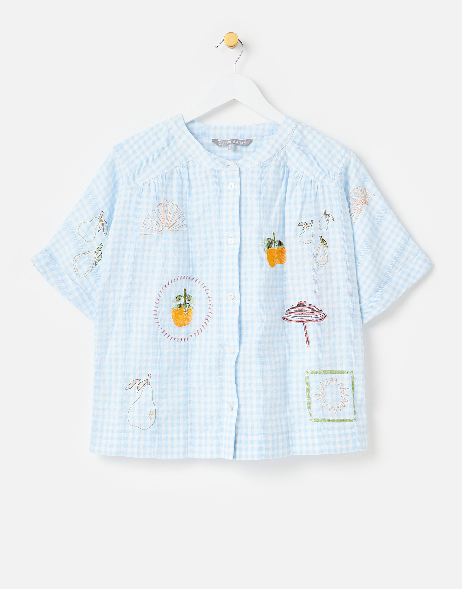 Light Blue Gingham Embroidered Short Sleeve Shirt